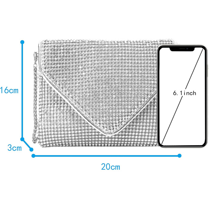 Сріблясте клатч-зчеплення з кристалами та знімним ланцюжком для вечірки, весілля, балу або банкету 06258