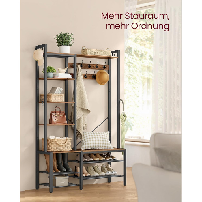 Вішалка для пальто VASAGLE з лавкою для взуття, шафа, 5 полиць з ДСП, 9 потрійних гачків, 6 бічних гачків, 40 x 120 x 190 см, вінтажний коричневий-чорний HSR426B01 Вінтажний коричневий чорнильний