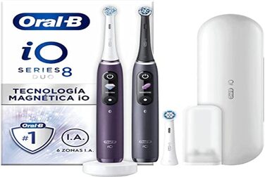 Електричні зубні щітки Oral-B iO 8, акумуляторні, фіолетова та чорна ручка, з'єднання Bluetooth, з магнітною технологією, подарунок до Дня батька, 3 щітки, 1 дорожній футляр