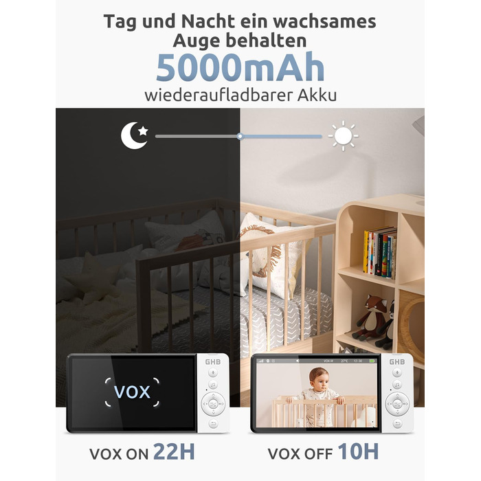 Монітор для дітей з камерою 5 дюймів 720P HD 5000mAh IPS Дисплей Режим VOX Цифрове збільшення Нічне бачення Домофон Дисплей темпер