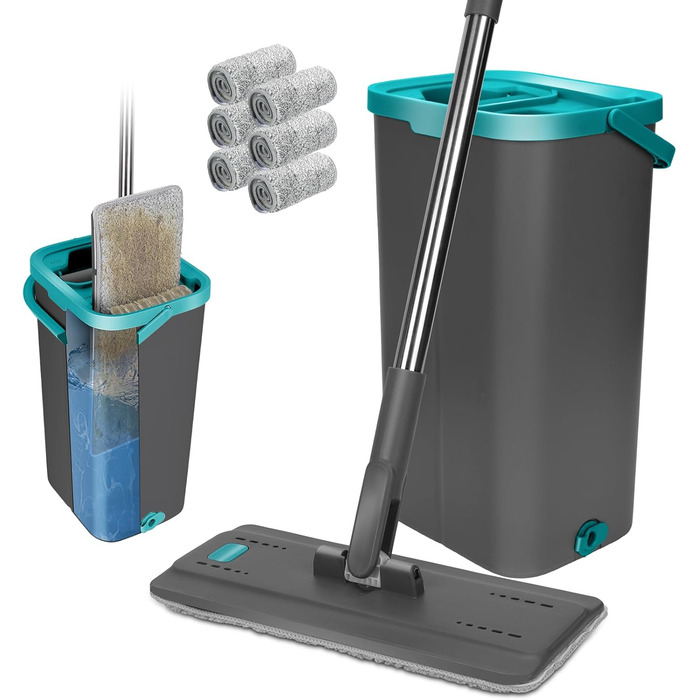 Набір швабр для підлоги Masthome з відром,Набір швабр з відром 2 в 1,Набір швабр для підлоги та 6 насадок з мікрофібри,Набір швабр