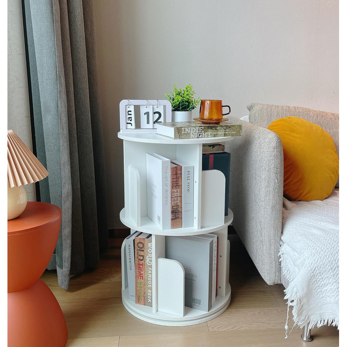 Обертова книжкова полиця Heehee з масиву дерева, підлогова полиця для зберігання на 360 градусів для дітей та дорослих, багатофункціональний органайзер для книжкової полиці (2-рівневий білий)