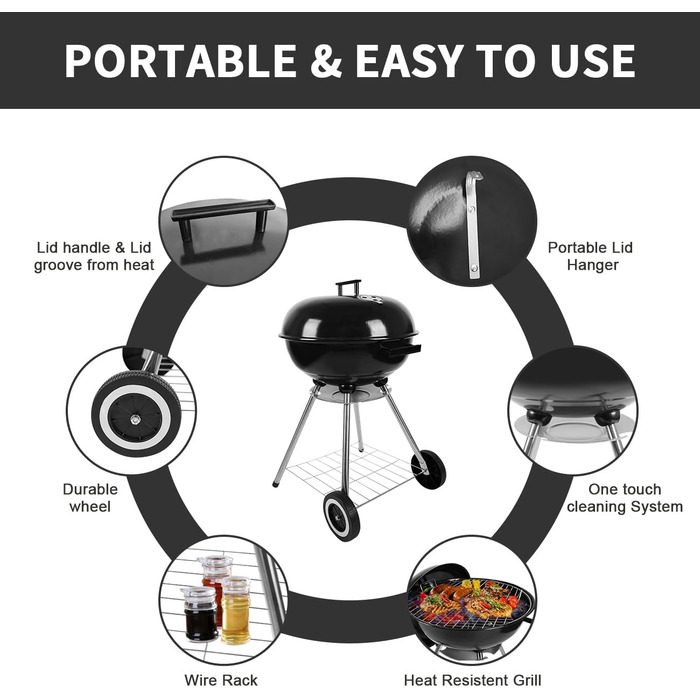 Портативний вугільний гриль 18 дюймів з аксесуарами, потужний гриль на колесах з полицею для зберігання для приготування їжі на відкритому повітрі, барбекю та кемпінгу
