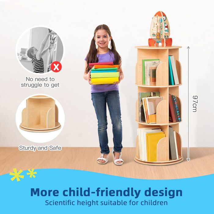 Обертова книжкова полиця OOOK, обертова на 360 книжкова полиця з 3 полицями, вузька обертова полиця для дітей та дорослих, багатофункціональна дерев&39яна окремостояча полиця для вітальні та спальні