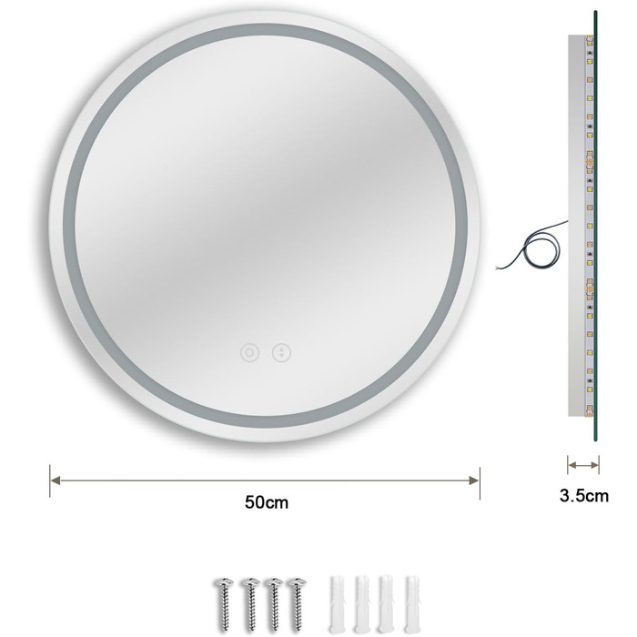 Дзеркало для ванної кімнати Dripex кругле з підсвічуванням Світлодіодне дзеркало з сенсорним перемикачем, з регулюванням яскравості, кругле дзеркало для ванної кімнати з регулюванням 3 світлих кольорів з підсвічуванням, без запотівання 50x50 см без запоті