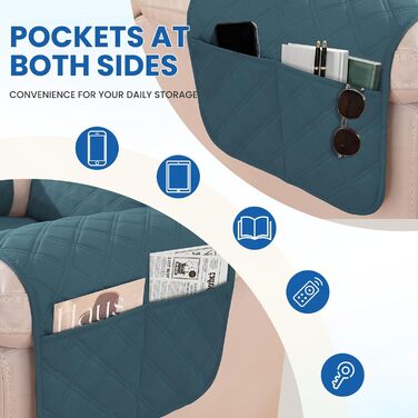 Водонепроникний чохол для крісла з 1-місним покриттям, чохол для крісла-реклайнера з кишенями, протиковзкий та стійкий до подряпин чохол для крісла, чохол для крісла з підлокітниками, підходить для дітей та домашніх тварин, темно-зелений, 1-місний (Д 59 с