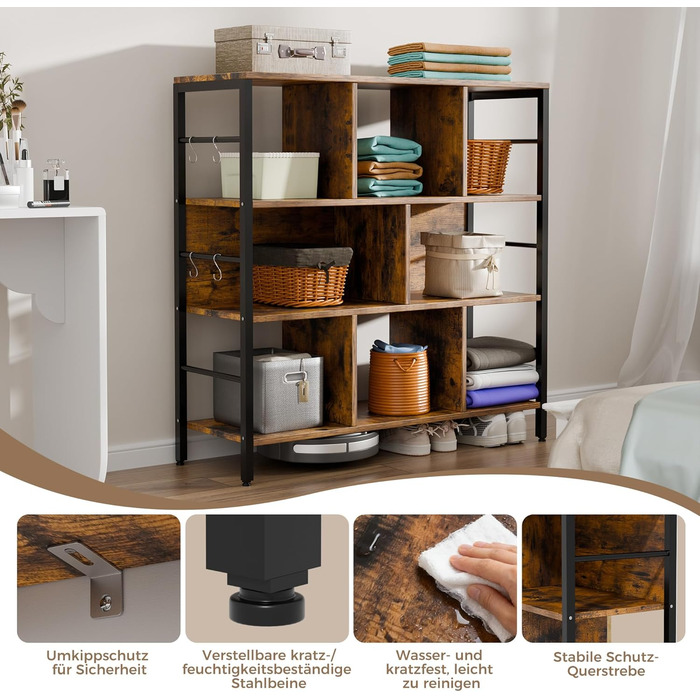 Книжкова полиця ELUCHANG, окремостояча полиця з 8 відділеннями, 3-рівнева полиця з безкоштовними гачками, для вітальні, спальні, кабінету, кухні, 30x94x95 см, вінтажний коричнево-чорний