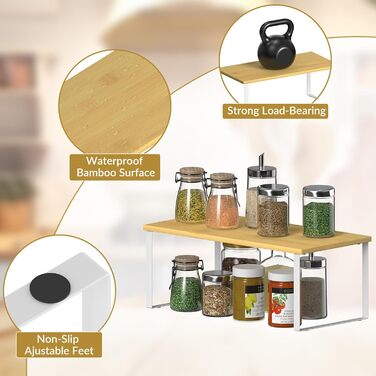Бамбукова підставка для спецій CADUKE, 4-елементний органайзер для шафи, кухонний органайзер з металевим каркасом, кухонна полиця для шафи, стільниці, шафи, білий