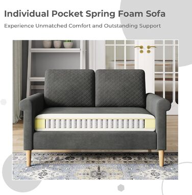 Місний диван Vesgantti, невеликий тканинний диванчик з підлокітниками, міні-диван для вітальні/квартири/офісу, легке складання, 123 x 70 x 88 см, сірий, міні-2-місний, 2-