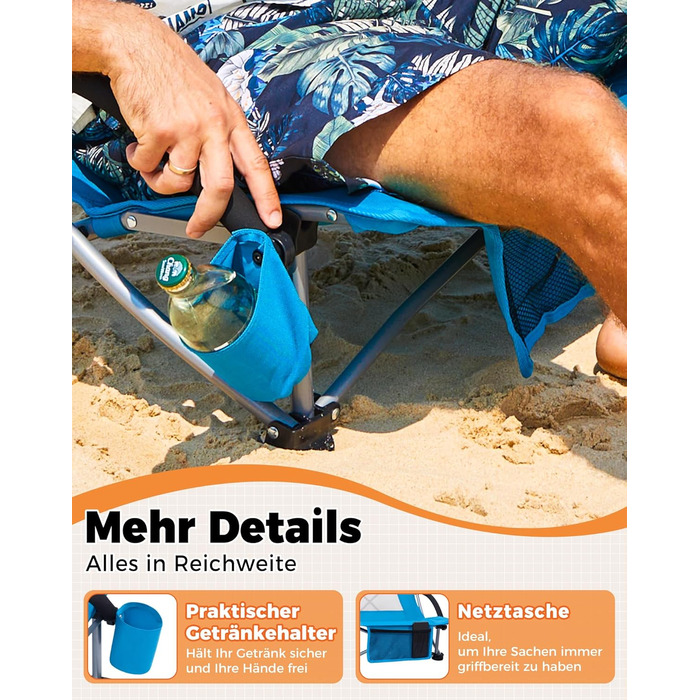 Низький складний пляжний стілець KingCamp, легкий, витримує до 180 кг, складний пляжний стілець із сітчастою спинкою, тримачем для напоїв та сітчастою кишенею, легкий складний кемпінговий стілець, складний стілець для пляжного кемпінгу Hr 2 шт., синє сітч