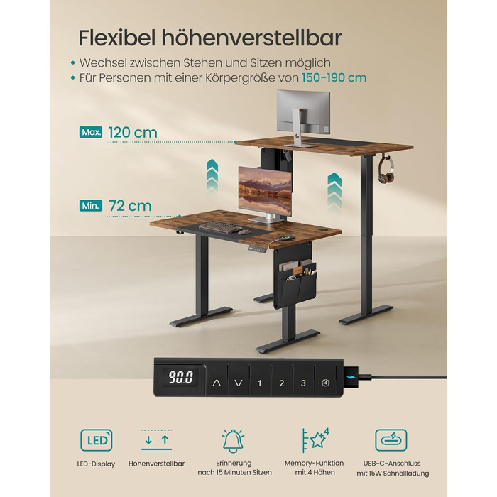 Електричний письмовий стіл SONGMICS з регульованою висотою, 120 x 60 см, безступінчасте регулювання, функція пам&39яті з 4 рівнями висоти, вінтажний коричневий - чорний LSD015X01 120 x 60 см вінтажний коричневий чорний