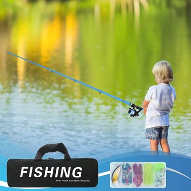 Рибальський набір для дітей, дитячий стартовий набір для риболовлі 1,8 м, набір вудок для дітей з рибальською котушкою та набором приманок, телескопічні вудки та котушка з вуглецевого волокна, рибальські аксесуари для дітей віком 3-10 років, синій