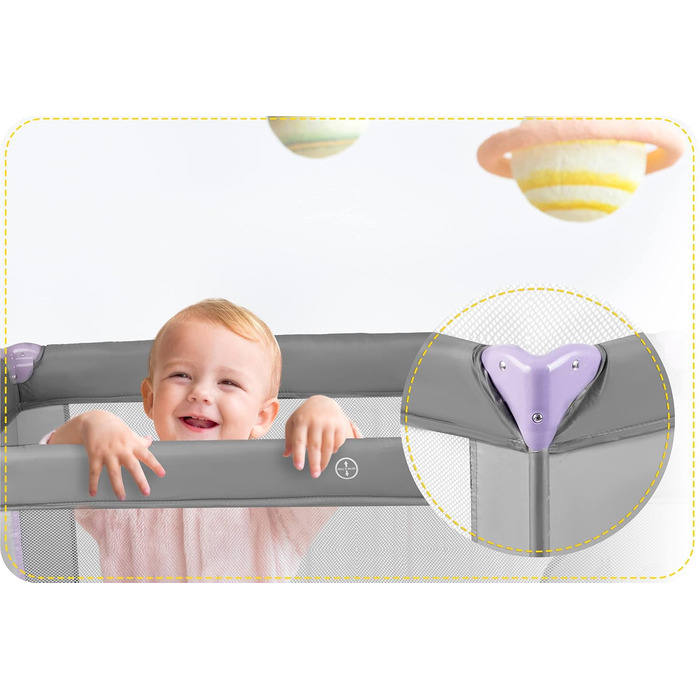 Дитяче ліжечко Ricokids з матрацом 125 x 65 x 78 см, дорожнє ліжечко, вагою до 15 кг, 2 колеса з гальмами, знімний бічний вхід, сумка для перенесення, складна, компактна, світло-сіра, лавандова