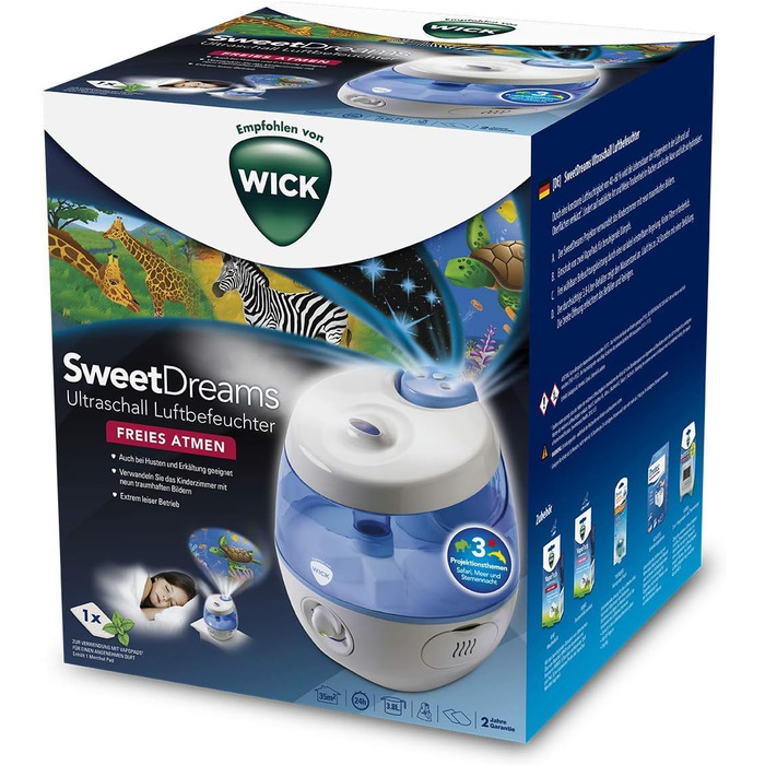 Зволожувач холодного повітря Wick SweetDreams із проекцією світла Для дитячих і дитячих кімнат Для кімнат до 35 м Подушка з ефірними маслами в комплекті Тиха ультразвукова технологія WUL575