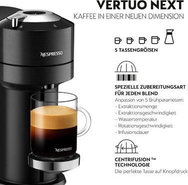 Кавова капсульна машина преміум-класу Nespresso Krups XN9108 Vertuo Next Резервуар для води 1,1 л Розпізнавання капсул за штрих-кодом 6 розмірів чашок Функція вимкнення живлення 54 переробленого пластику Чорний