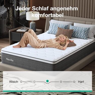 Матрац Novilla 140x200, H3 7-зонний пружинний матрац з кишеньковою структурою для цілеспрямованої підтримки, хвилеподібний шар комфортної піни для покращеної повітропроникності, сертифікований Oeko-Tex, висота 25 см x 25 см, 140 x 200 см