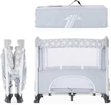 Ліжечко-колиска Hauck Baby Sleep N Care Plus Travel Bed Crib, від народження до 9 кг, з відкидною бічною панеллю, відділенням для зберігання та 2 кишенями, компактно складається, включаючи сумку для перенесення складну основу (Teddy Grey) Sleep N Care Plu