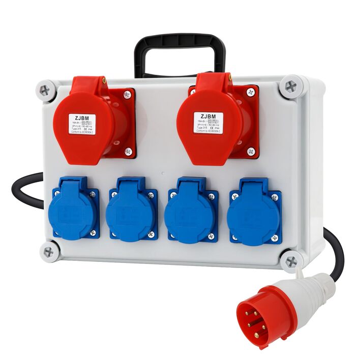 Розподільна коробка для будівельного майданчика, комплект розподільчої коробки 16A, BKV 2/4, водонепроникний розподільник живлення IP44/IP54 з розеткою та ручкою для перенесення, кабель 2 м, для використання всередині та зовні приміщень, 6 портів (з двома