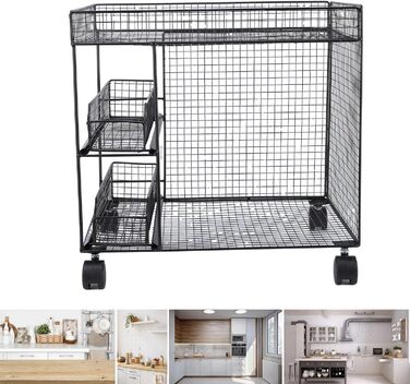 Мобільний візок для зберігання Aramox на 3 рівні з висувними шухлядами, міцний металевий кухонний візок на колесах для організації офісу, вітальні, гаража (чорний)