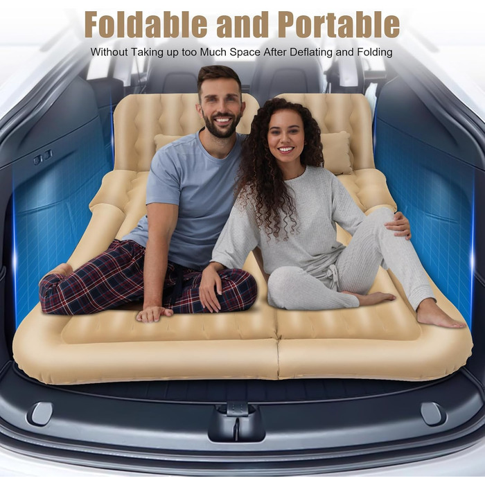 Надувний матрац для автомобіля, позашляховик, надувне ліжко, надувне ліжко для кемпінгу, комбіноване портативне ліжко, знімний надувний матрац для подорожей, кемпінгу, активного відпочинку на свіжому повітрі, з 2 подушками та надувним насосом (бежевий)