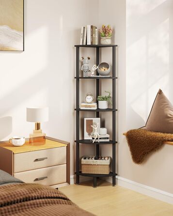 Ярусна кутова полиця, промислова кутова вітрина, кутова книжкова полиця для вітальні, спальні, кухні, домашнього офісу, чорна WBC010B Schwarz 30 см x 30 см x 133,5 см, 5-