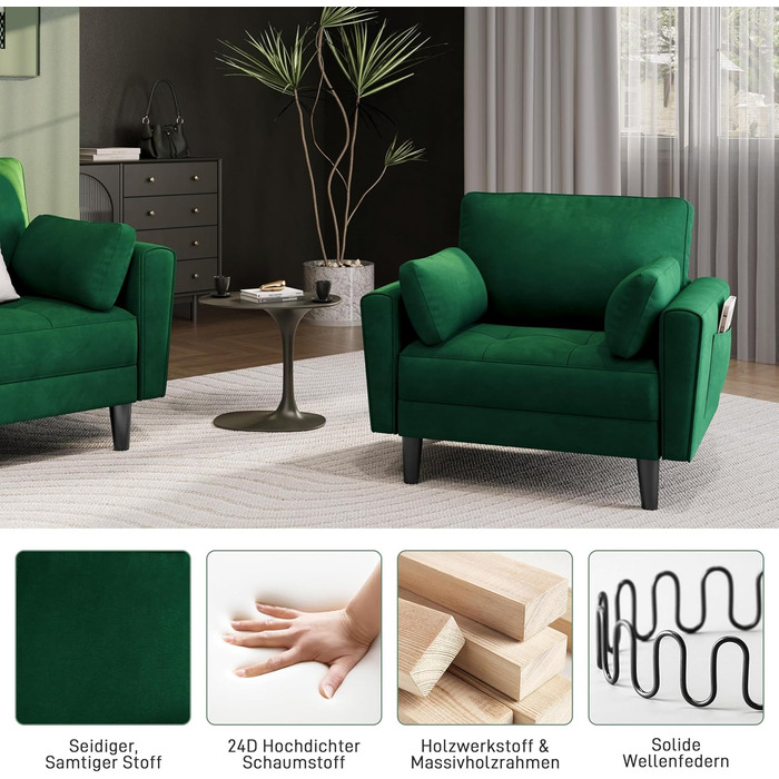 Одномісний диван Yaheetech, двомісний диван, невеликий диван з 2 подушками та підлокітниками, сучасний лляний диван-кутник, комплект диванів для вітальні, зелена оксамитова тканина