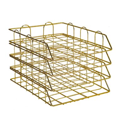 Лоток для документів A4, золотий, 4-елементний металевий стелаж для документів, лоток для паперу, що штабелюється, відділення для зберігання, настільний органайзер із золотим сітчастим дизайном