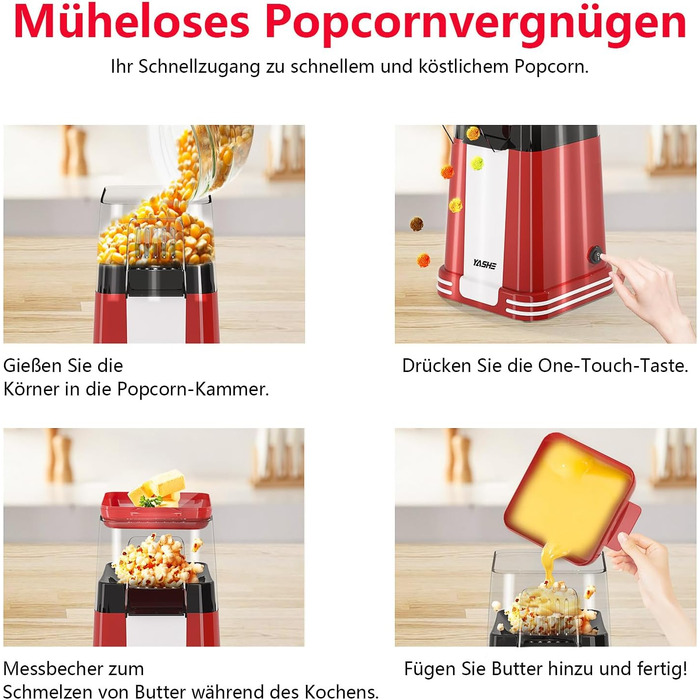 Машина для приготування попкорну YASHE Retro, машина для приготування попкорну з гарячим повітрям потужністю 1200 Вт з мірним стаканчиком, одним дотиком, без олії, ідеально підходить для домашнього кінотеатру, вечорів кіно, вечірок