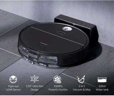 Робот-пилосос (сила всмоктування 3300 Па, час автономної роботи до 180 хв, контейнер для пилу 500 мл, бак для води 520 мл, датчики