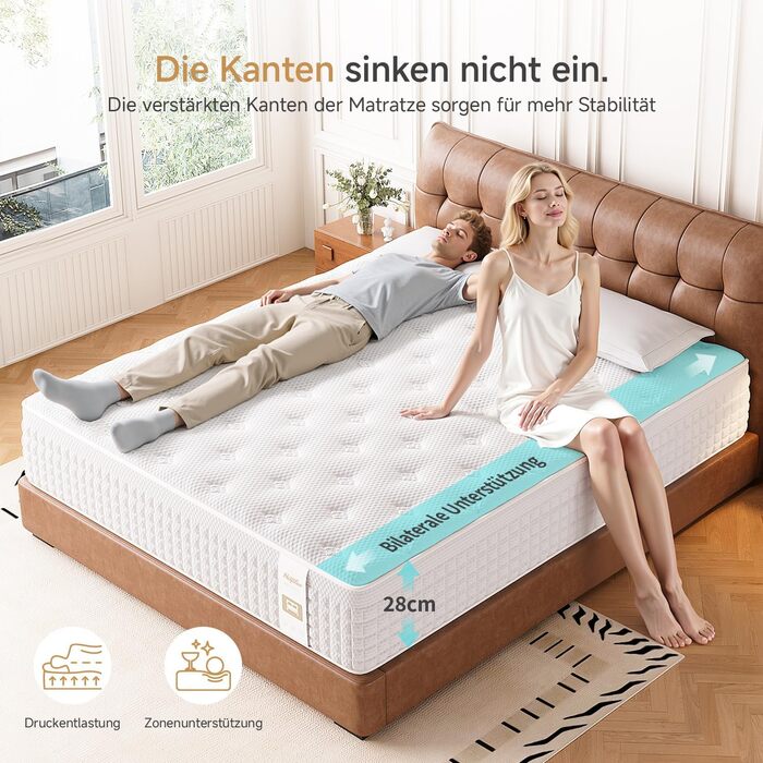 Матрац 90x200 см, висота 28 см, жорсткість H3/H4, 9-зонний пружинний матрац кишенькової форми з комфортною піною, ортопедичний ергономічний матрац, сертифікований Oeko-Tex та CertiPUR, полегшення тиску та болю в спині 90x200x28 см