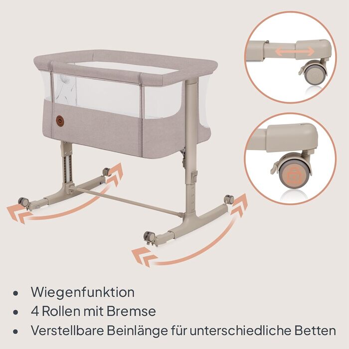 Дитяче ліжечко Lionelo Aurora 3-в-1 (до 9 кг), приліжкове ліжечко, колиска, регулювання висоти та нахилу матраца, 4 колеса з гальмами, ергономічний матрац, сумка, бежевий капучино, великий розмір
