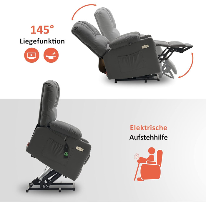 Електричне крісло-реклайнер для телевізора з функцією підйому, розширена спинка, крісло-реклайнер з функцією підйому, масаж та підігрів, крісло-реклайнер з функцією нахилу до 145 USB 7102 (тканина з мікрофібри, сірий) Мікрофібра сірий