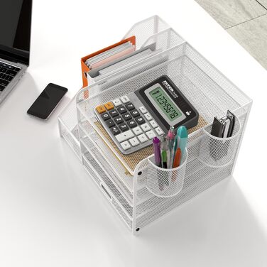 Рівневий сітчастий органайзер для столу з шухлядою, лотками для файлів та тримачами для ручок - рішення для зберігання офісного та художнього приладдя для паперу для малювання, сортувальника олівців, тримача для журналів (білий), 5-