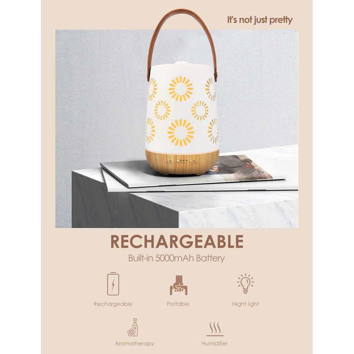 Керамічний аромадифузор SALKING, бездротовий акумуляторний дифузор для ефірних олій, портативний бездротовий ароматерапевтичний дифузор з акумулятором, ароматична лампа з автоматичним вимкненням для йоги в домашньому офісі, 180 мл