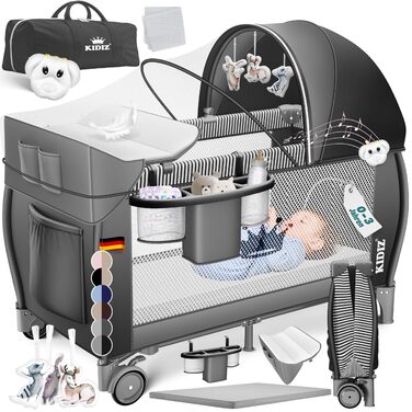 Дитяче ліжечко Kidiz Baby Travel Cot, складне дитяче ліжечко з матрацом та колесами 120x60, бічний вхід, пеленальний килимок, москітна сітка та сумка для перенесення, дитяче ліжечко, дитяче ліжко від народження до 15 кг, чорне