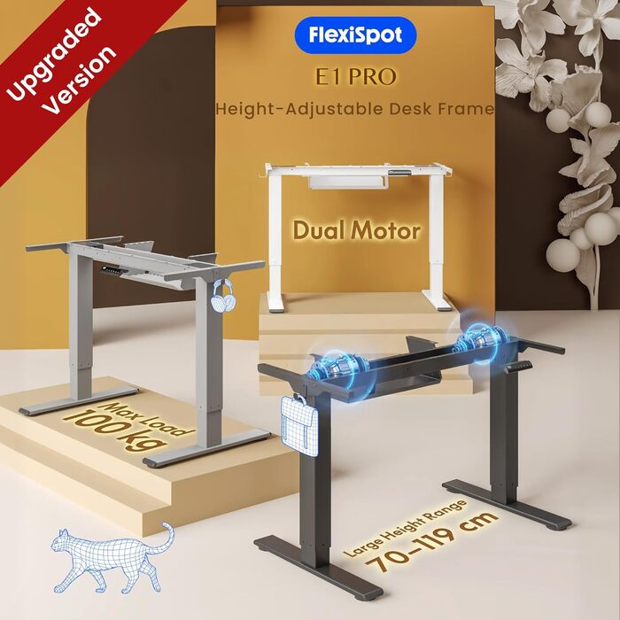 Каркас столу FLEXISPOT з регулюванням висоти, електричні ніжки столу з 2 двигунами, світлодіодним індикатором висоти та 4 функціями пам&39яті, включаючи 2 гачки та органайзер для кабелів, чорний. Каркас столу E1 PRO нова версія, благородний чорний.