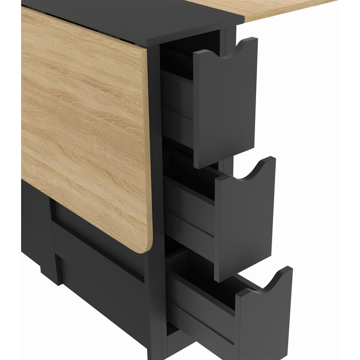 Розкладний консольний столик EDI для 2-4 осіб з 3 чорними шухлядами, стільниця під бук, 103 x 76 см