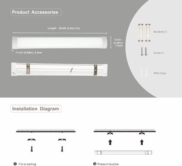 Світлодіодні трубки Qsmile 2 шт. 120 см, 32 Вт, 3550 лм, холодне біле світло, 6500 К ультратонкий світлодіодний вологозахищений світильник, простий в установці світлодіодний світильник для офісів, складів, гаражів, підвалів, майстерень