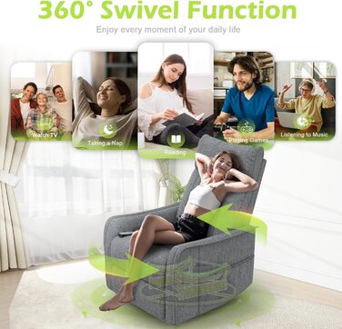 Крісло для телевізора/масажне крісло з функцією відкидання, крісло для релаксації з підігрівом та масажем, крісло для телевізора з поворотом на 360 для вітальні, крісло-гойдалка з м&39яким підголівником, 2 бічні кишені, сірий