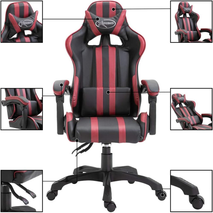 Геймерське крісло з бордової штучної шкіри з високою ергономічною спинкою, регулюванням висоти та поворотом на 360 градусів для оптимального положення сидіння, включаючи 5 нейлонових коліщаток для тихого руху. 30 x 18 x 5 см.