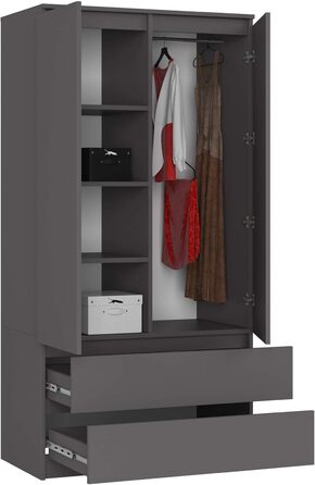 Шафа AKORD з двома дверима S 90 см, 2 шухляди з полицями та однією рейкою для одягу, для шаф з однією спальнею, мінімалістичний стиль, ламінат 16 мм графітово-сірий колір, графітово-сірий 90 см x 180 см x 51 см