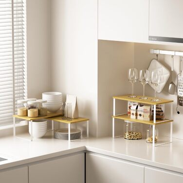 Бамбукова підставка для спецій CADUKE, 4-елементний органайзер для шафи, кухонний органайзер з металевим каркасом, кухонна полиця для шафи, стільниці, шафи, білий