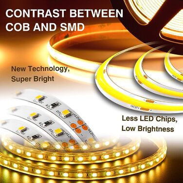Світлодіодна стрічка COB 5м, 480 LED/м, тепле біле світло, висока щільність, 12V, 8мм, 9W/м, CRI 92, самоклеюча стрічка для непрямого освітлення спальні або кухні (без блоку живлення), 2700K, ширина 8мм