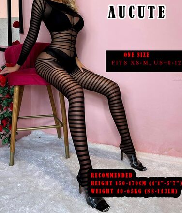 Сексуальний бодістокінг Aucute для жінок, з відкритою інтимною зоною та довгим рукавом, чорний, універсальний розмір