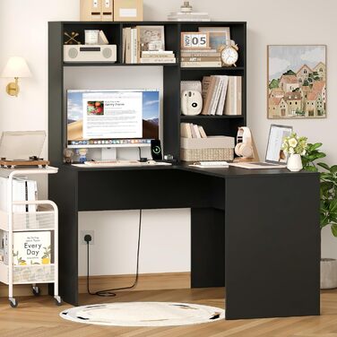 Кутовий письмовий стіл FirFurd з подовжувачем, L-подібний комп&39ютерний стіл з книжковою полицею, стіл для ПК/ноутбука для офісу, кабінету, вітальні, домашнього офісу, чорний, 153 x 125 x 108 см