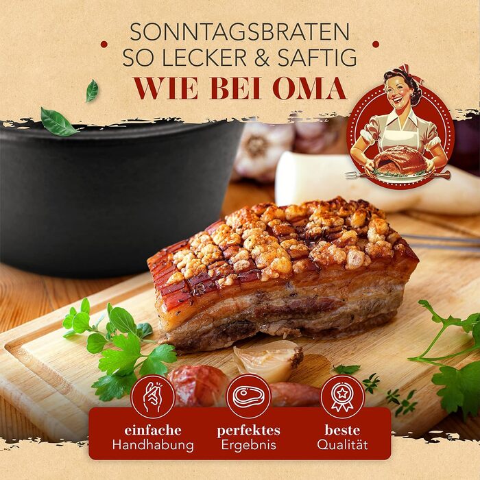 Чавунний горщик KRUSTENZAUBER включаючи виделку для м'яса - Міцна чавунна каструля 26 см з кришкою, підходить для духовки - ідеаль