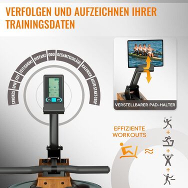 Водний гребний тренажер для домашнього використання, високоякісний складний водний гребний тренажер з масиву дерева, з професійним Bluetooth-монітором та тримачем для планшета, максимальне навантаження 150 кг R623-51-NEW