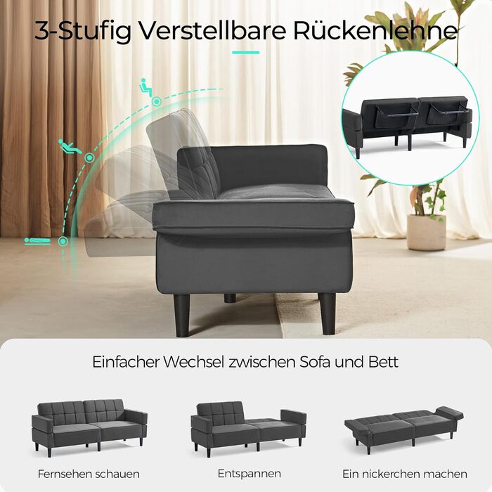 Диван LINSY HOME з функцією сну, розкладний диван з регульованою спинкою та підлокітниками, 3-місний диван з функцією ліжка з оксамитової тканини, спальна зона 230 x 100 см, ідеально підходить для вітальні (сірий)