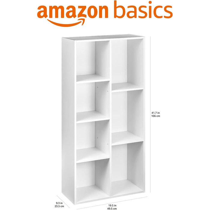 Книжкова полиця Storeo Basics із 7 полицями, біла, 50 x 24 x 106 см Офічна полиця, вітальня, спальня, кубічний білий колір, 7 полиць