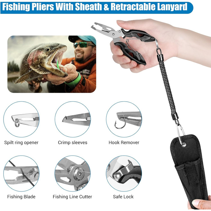 Набір рибальських снастей з 213 предметів з приманками, коробка для снастей на 3 полиці з аксесуарами, рибальський набір, що включає приманки, вантажі, гачки, рибальські плоскогубці, рибальське спорядження для лову окуня та форелі, подарунок рибалці для д